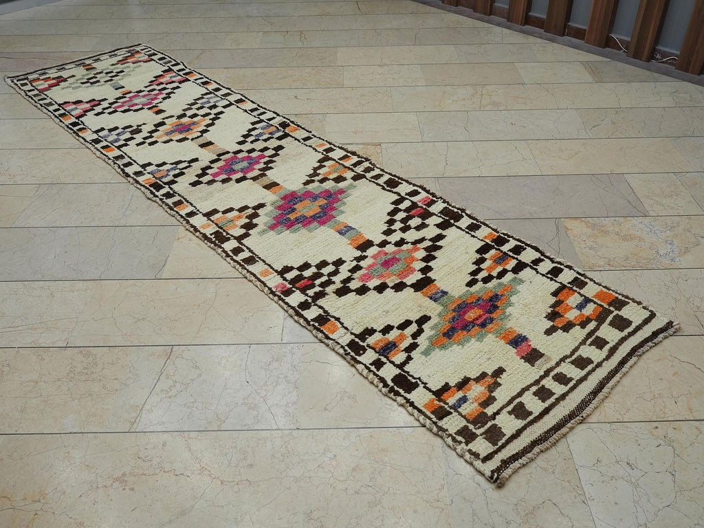 Neutral Color Handmade Wool Rug Runner: Mid Century Modern Farmhouse Decor Rugs, 2.6x10.9 Ft