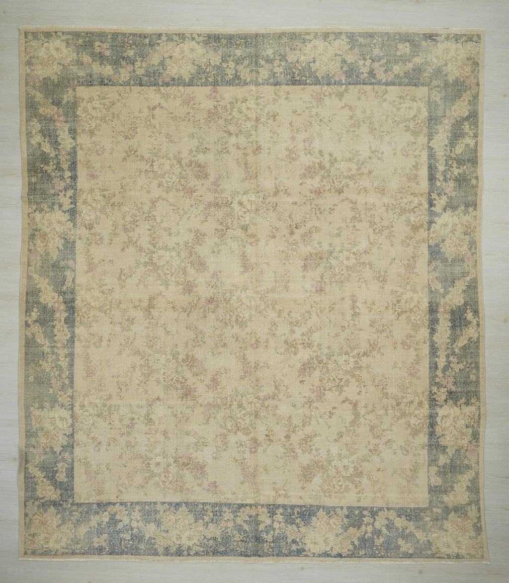 Large Square Oushak Rug: 9.4"x10.8" Feet, Pastel Faded Turkish Carpet