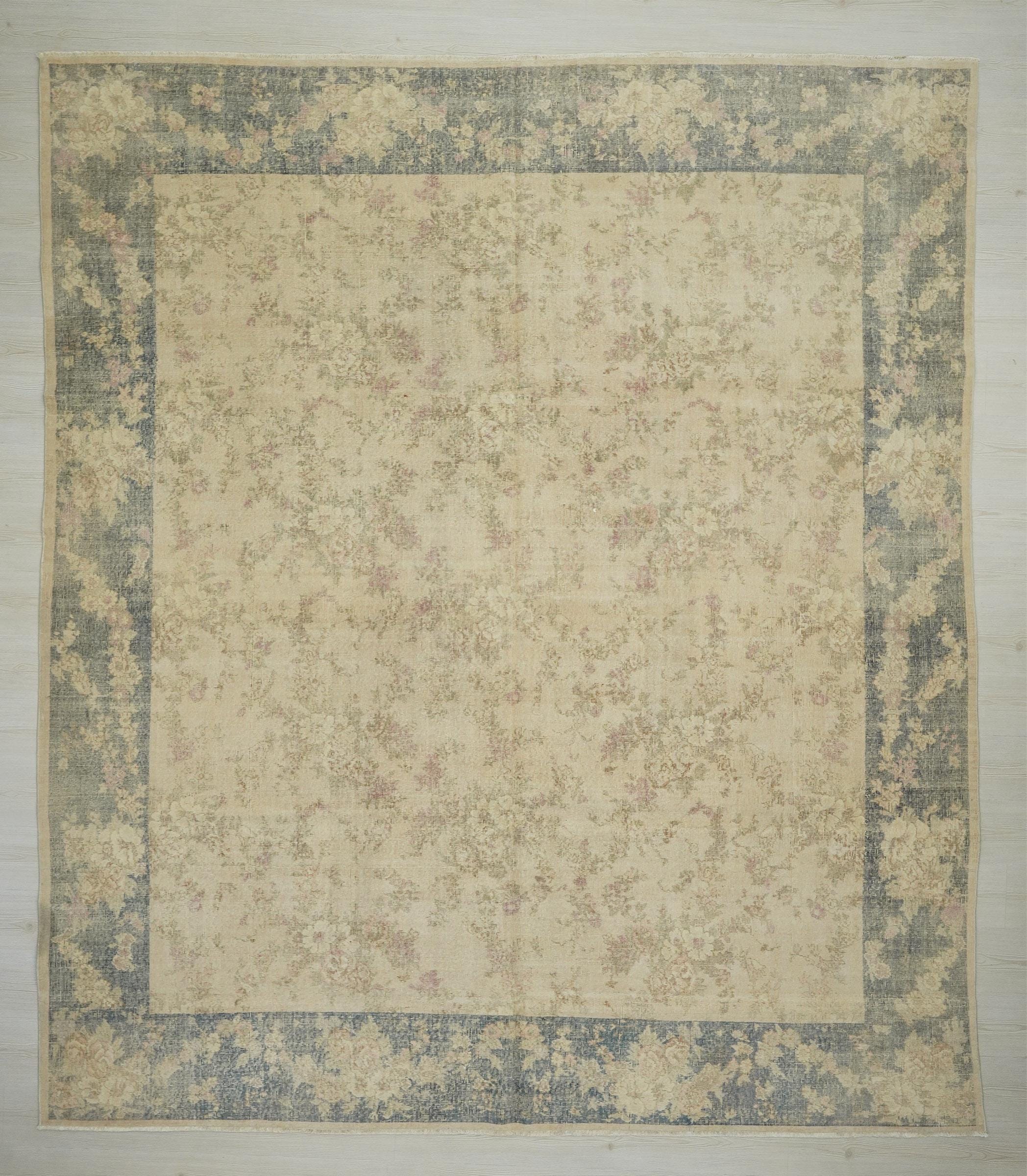 Large Square Oushak Rug: 9.4"x10.8" Feet, Pastel Faded Turkish Carpet