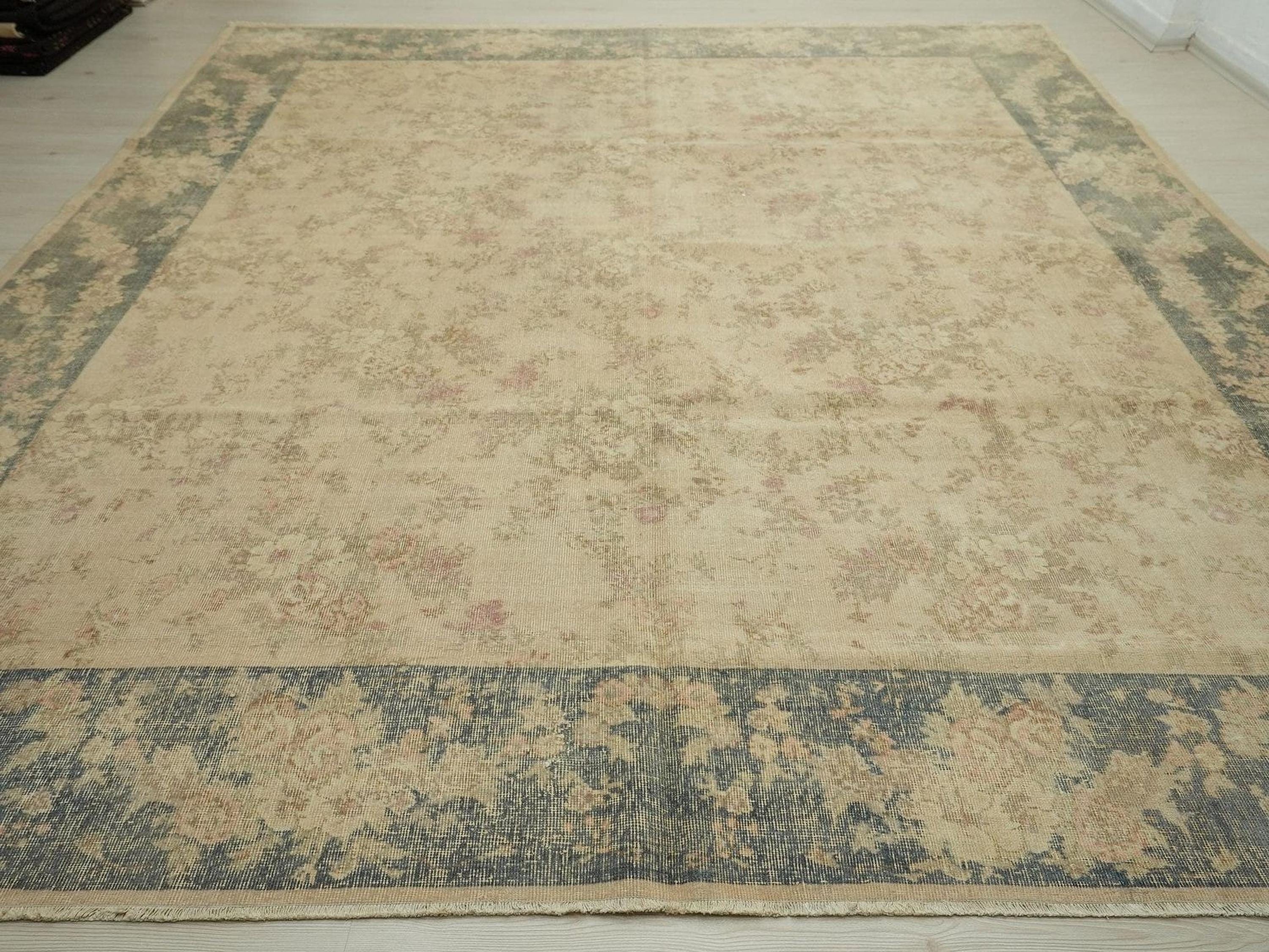 Large Square Oushak Rug: 9.4"x10.8" Feet, Pastel Faded Turkish Carpet