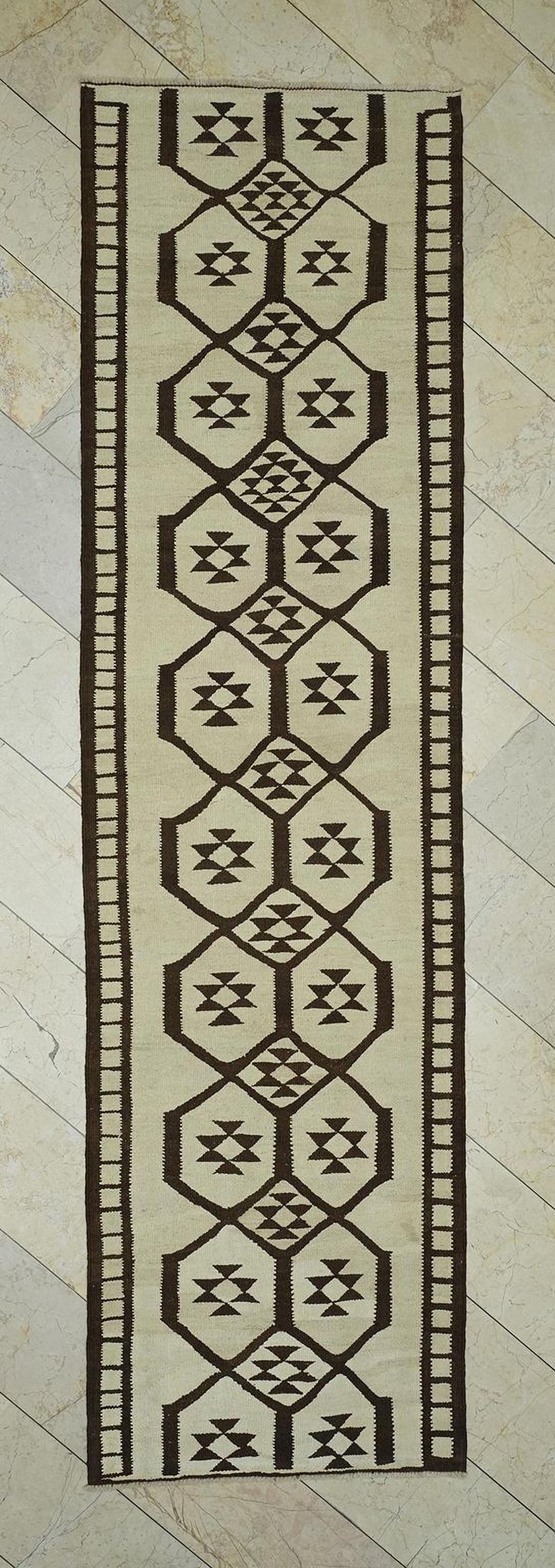 Turkish Kilim Rug Runner: 3x11 Primitive Design Flat Weave Rugs