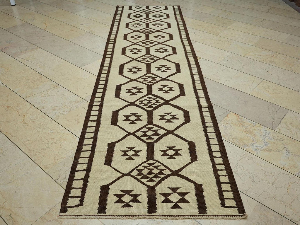 Turkish Kilim Rug Runner: 3x11 Primitive Design Flat Weave Rugs