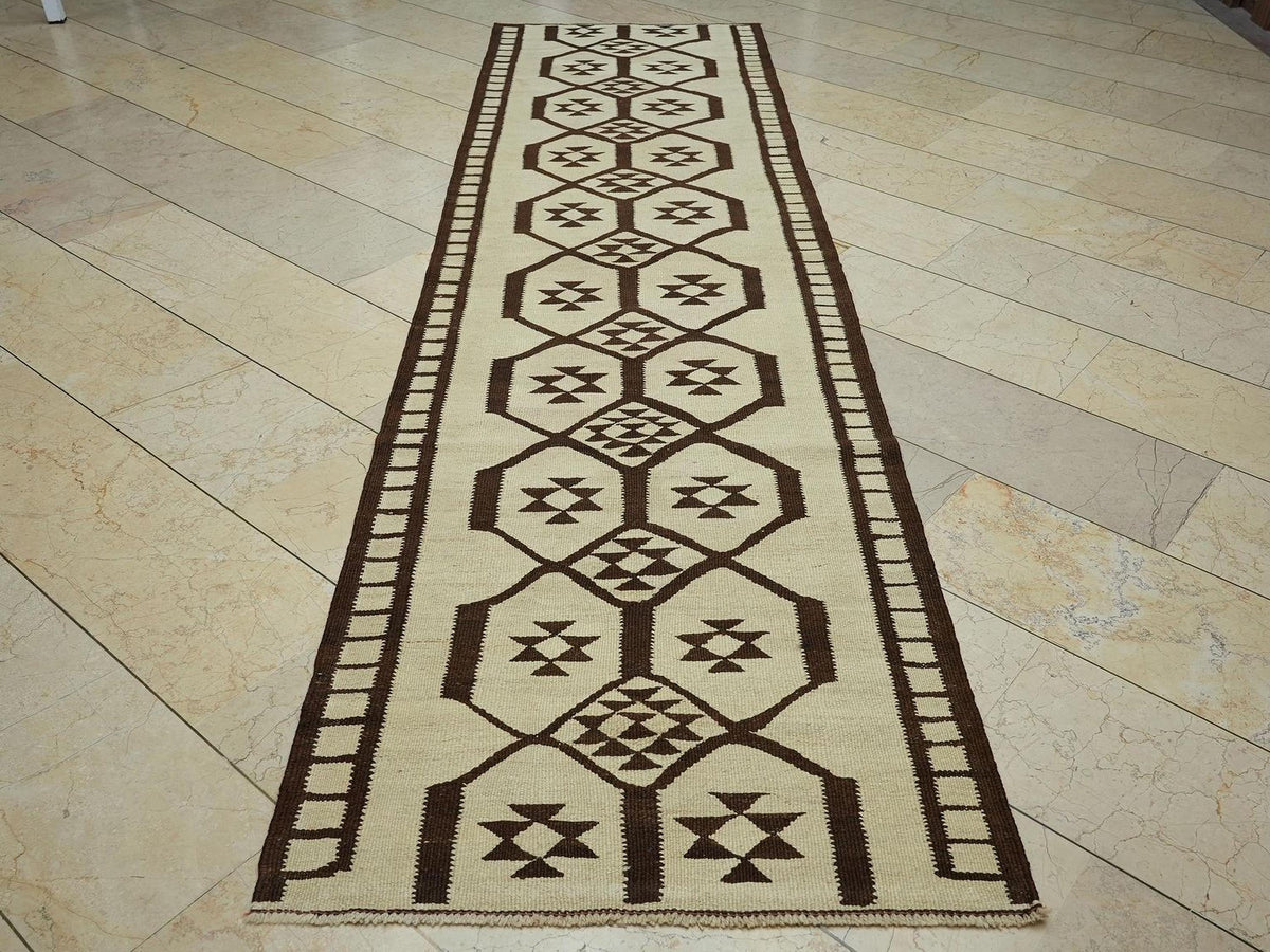 Turkish Kilim Rug Runner: 3x11 Primitive Design Flat Weave Rugs