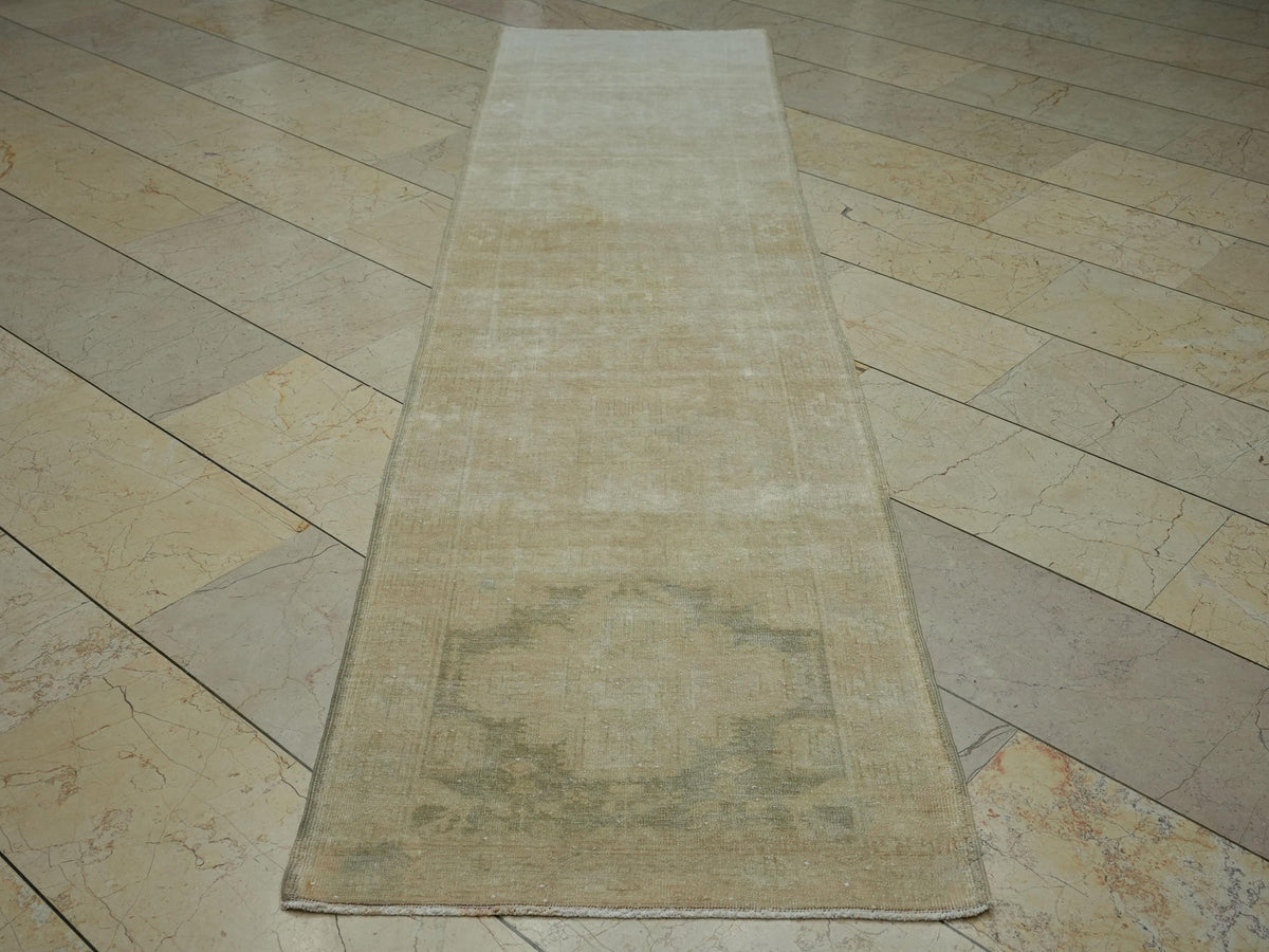 Narrow Mid Century Modern Rug Runner: 2.5x9.8 Ft,Faded Color Turkish Vintage Rugs