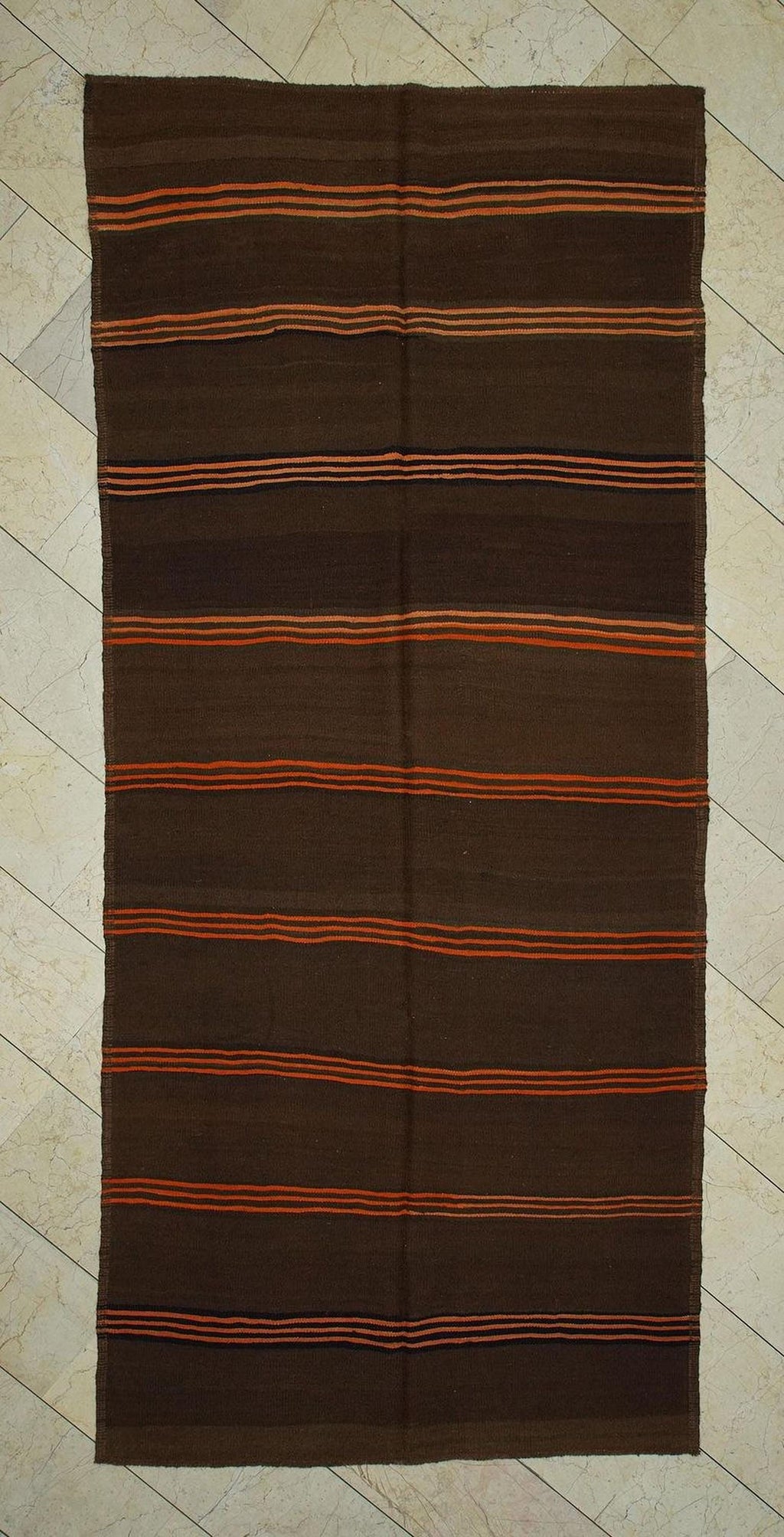 Vintage Brown Wool Kilim Rug: 4.7"x10.7" Orange Stripe Flat Weave Rugs.