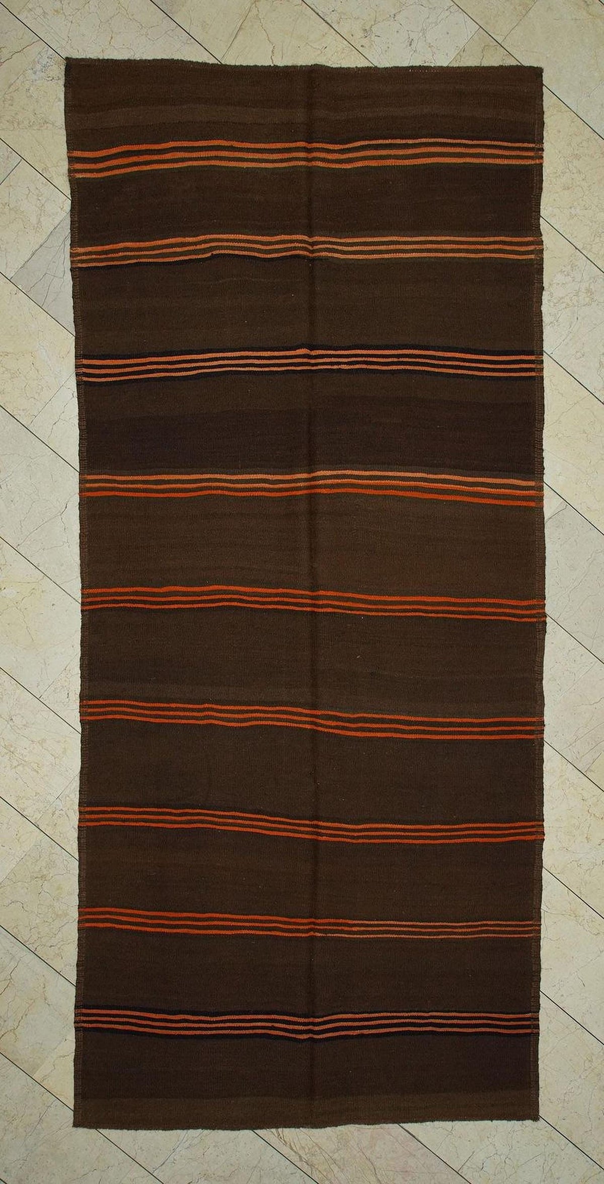 Vintage Brown Wool Kilim Rug: 4.7"x10.7" Orange Stripe Flat Weave Rugs.