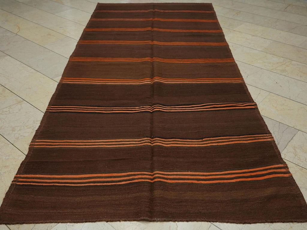 Vintage Brown Wool Kilim Rug: 4.7"x10.7" Orange Stripe Flat Weave Rugs.