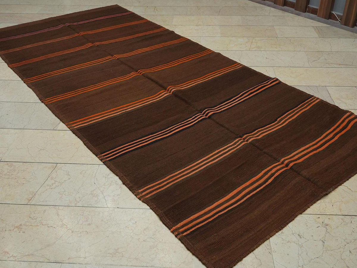 Vintage Brown Wool Kilim Rug: 4.7"x10.7" Orange Stripe Flat Weave Rugs.