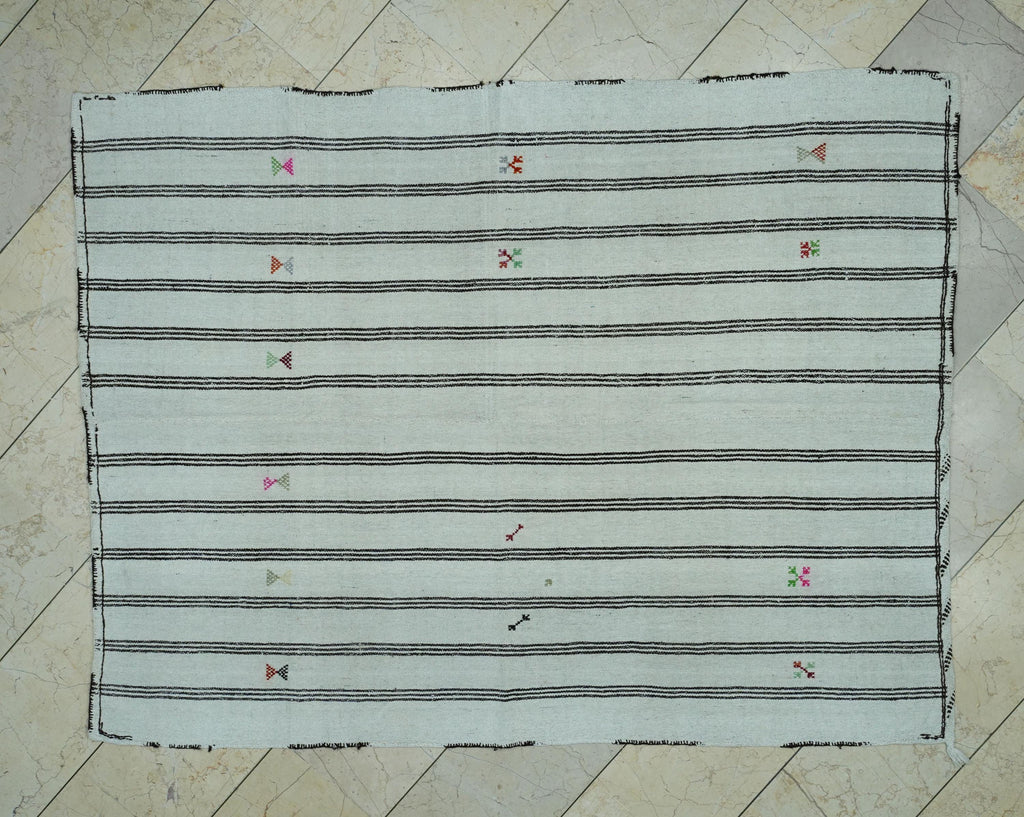Striped Pattern Cream & Brown Turkish Wool Kilim Rug: 5x6.6 Ft,Mid Century Modern Rugs