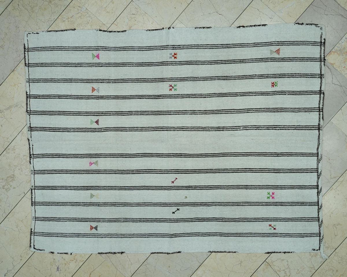 Striped Pattern Cream & Brown Turkish Wool Kilim Rug: 5x6.6 Ft,Mid Century Modern Rugs