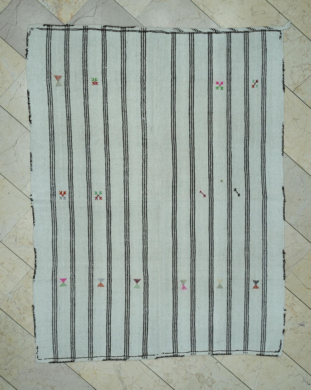 Striped Pattern Cream & Brown Turkish Wool Kilim Rug: 5x6.6 Ft,Mid Century Modern Rugs