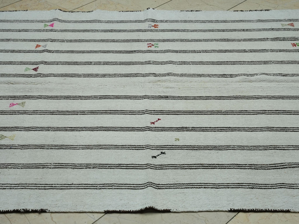 Striped Pattern Cream & Brown Turkish Wool Kilim Rug: 5x6.6 Ft,Mid Century Modern Rugs