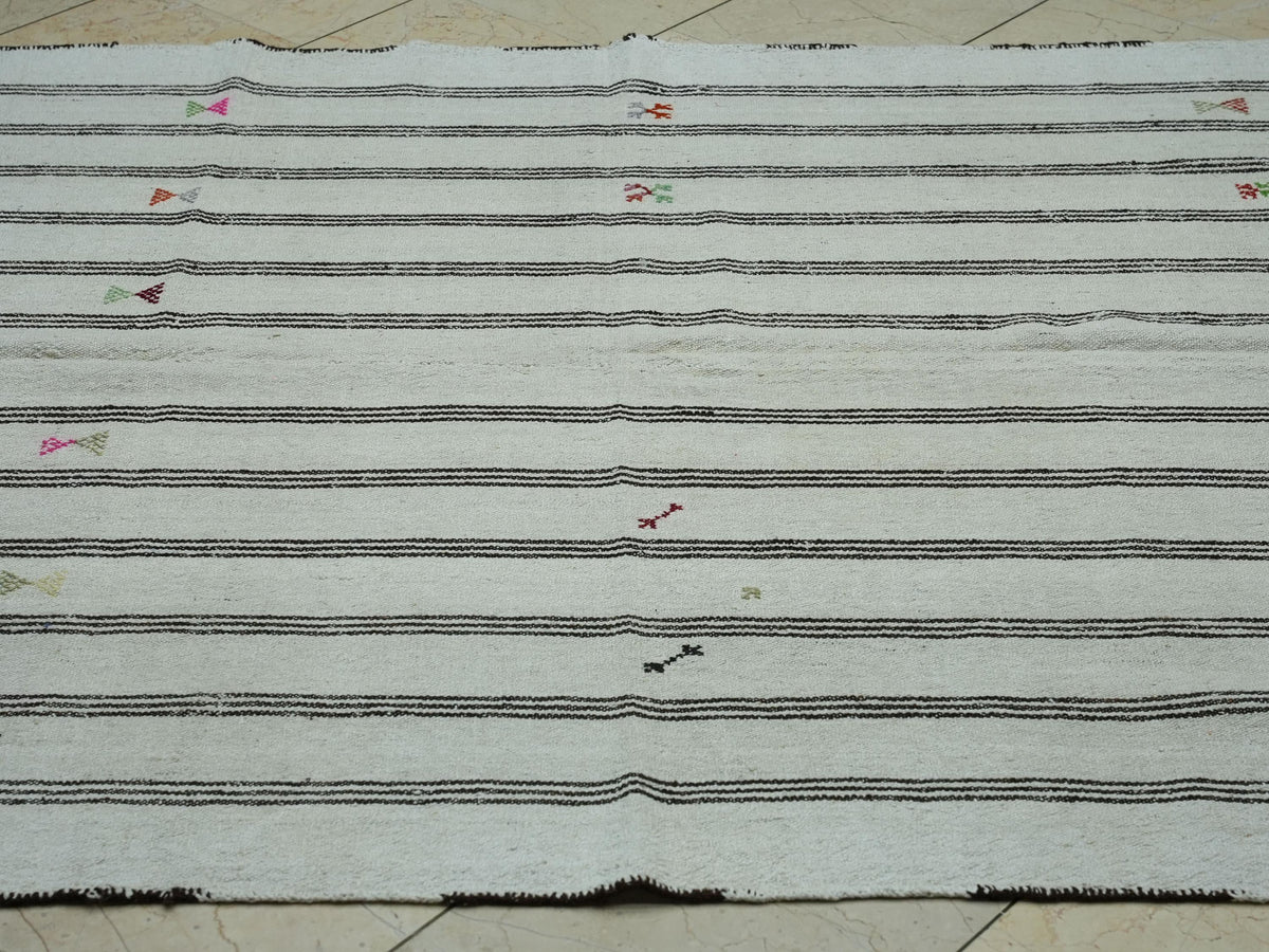 Striped Pattern Cream & Brown Turkish Wool Kilim Rug: 5x6.6 Ft,Mid Century Modern Rugs