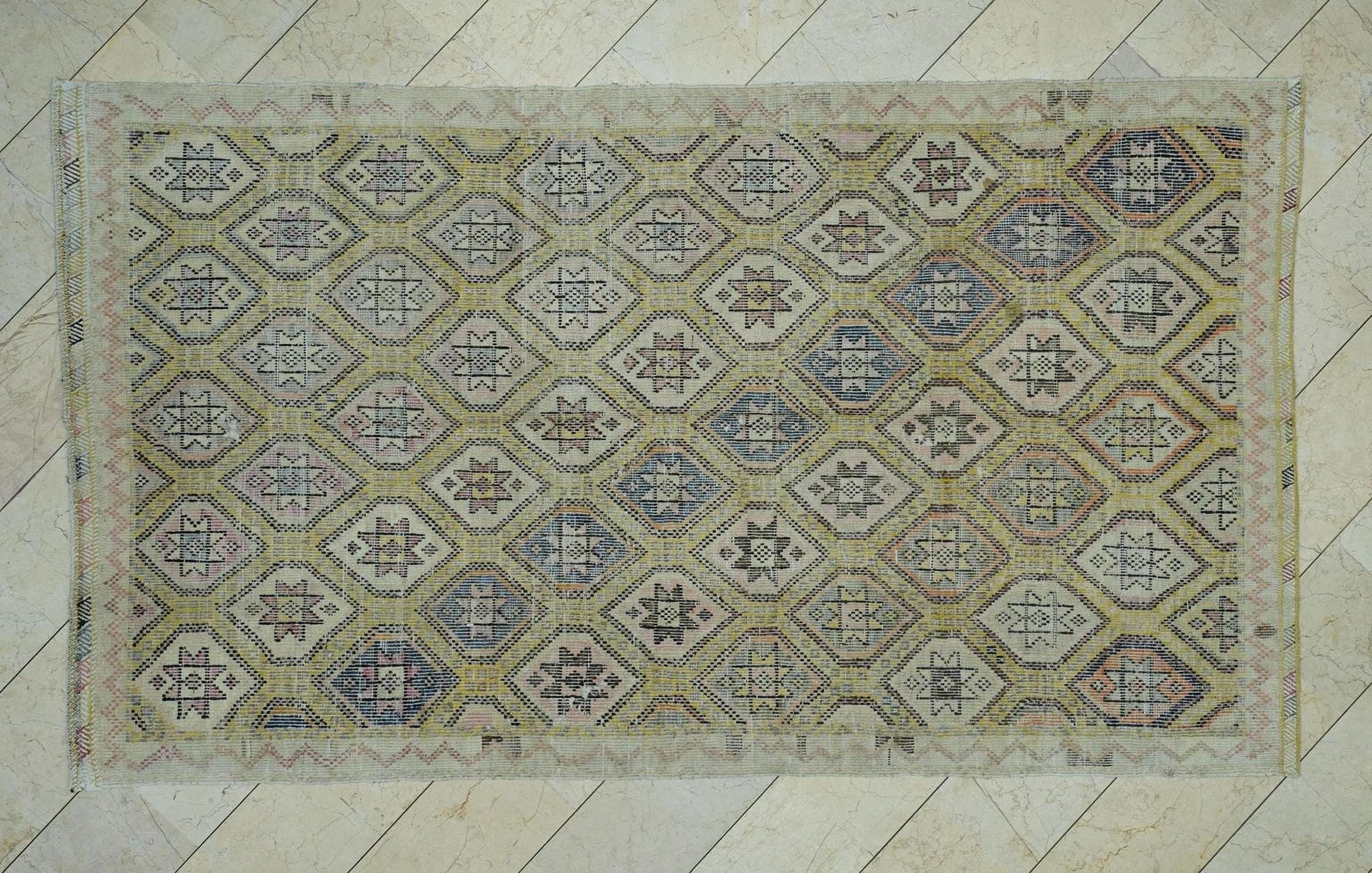 Yellow & Beige Embroidered Turkish Cotton Kilim Rug: 5.7x10.1 Ft, Mid Century Modern Rugs.