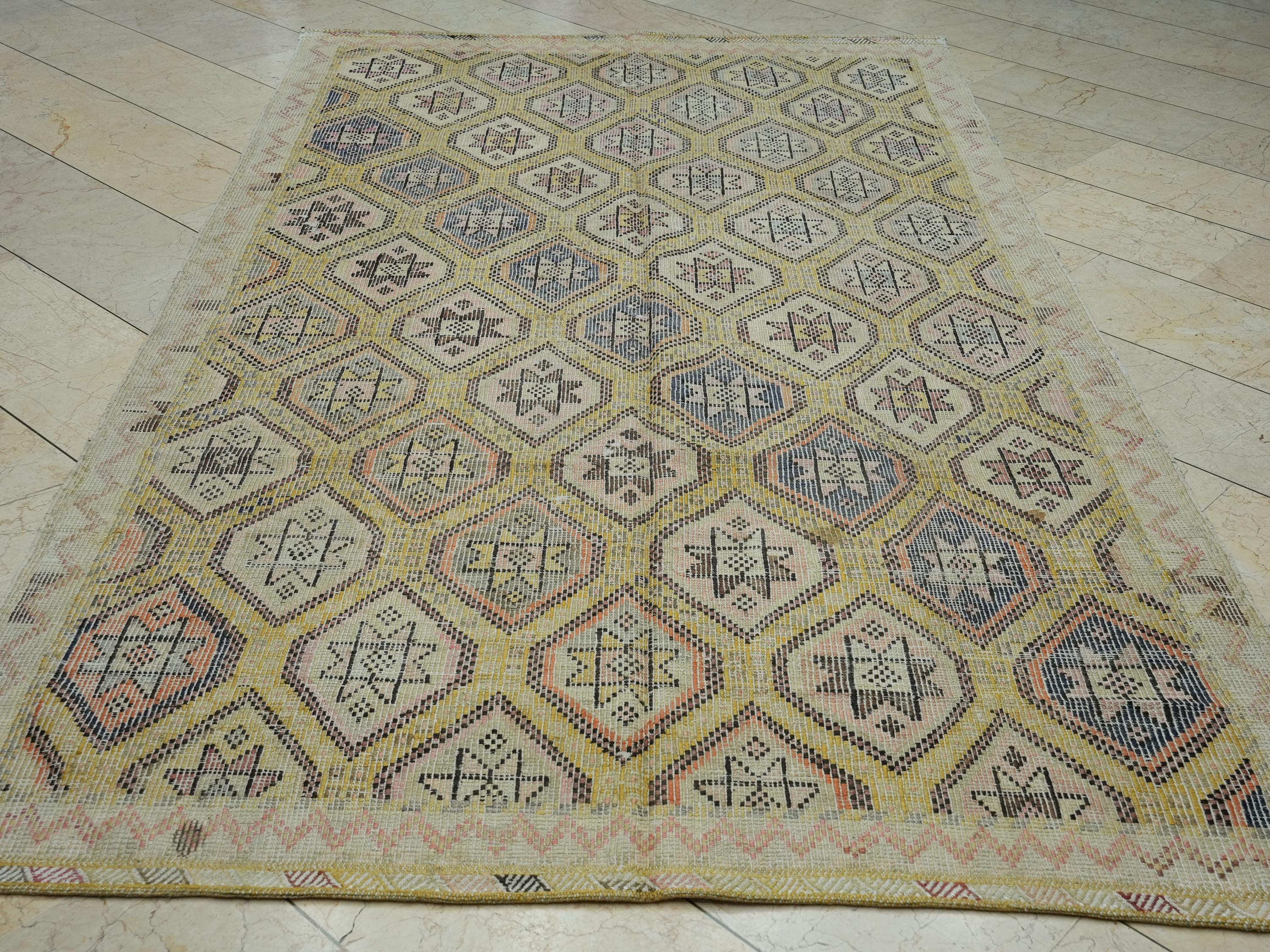 Yellow & Beige Embroidered Turkish Cotton Kilim Rug: 5.7x10.1 Ft, Mid Century Modern Rugs.