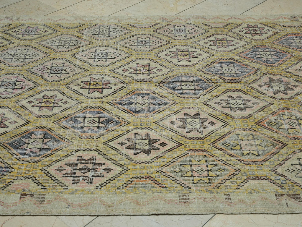 Yellow & Beige Embroidered Turkish Cotton Kilim Rug: 5.7x10.1 Ft, Mid Century Modern Rugs.