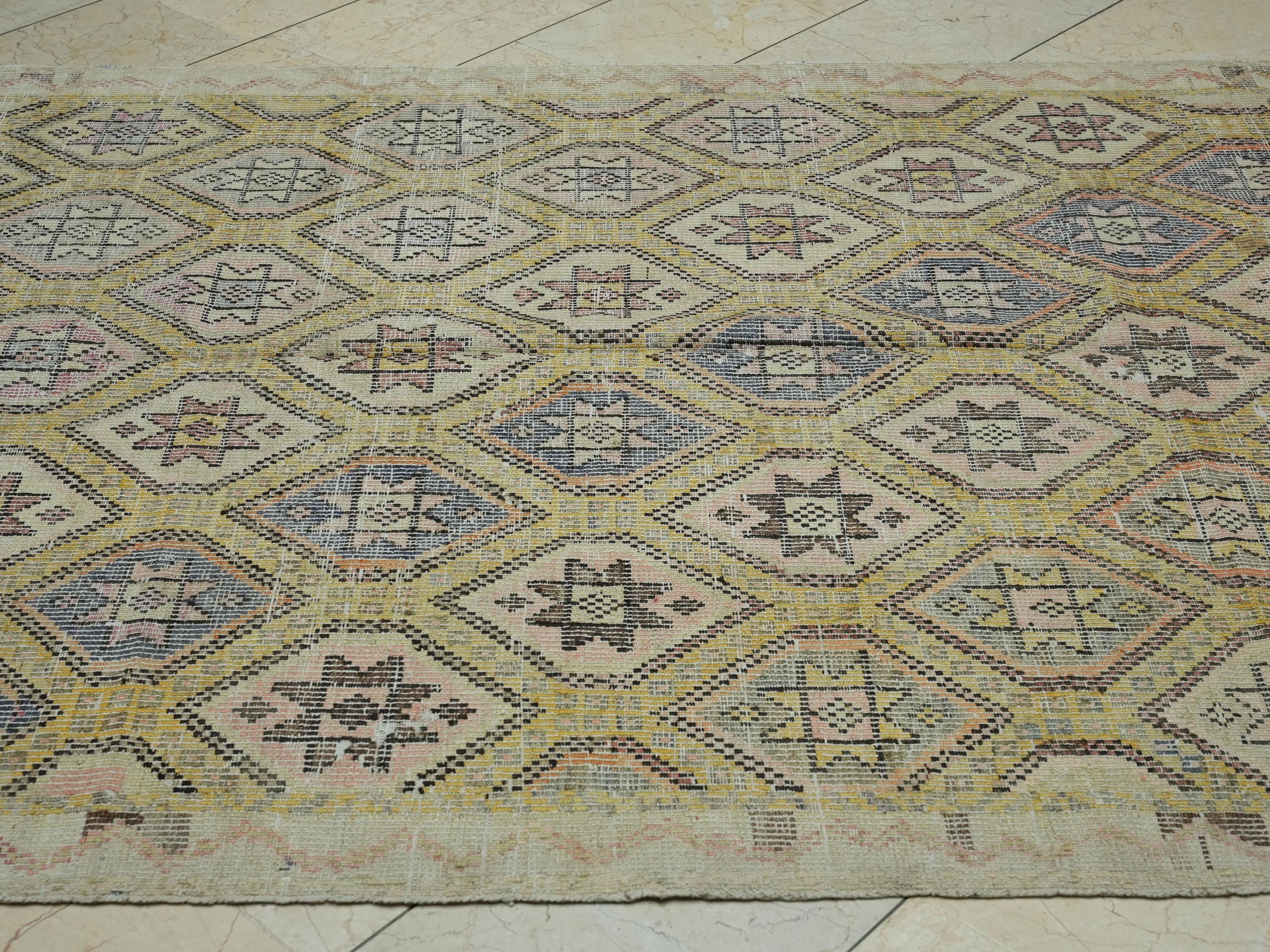 Yellow & Beige Embroidered Turkish Cotton Kilim Rug: 5.7x10.1 Ft, Mid Century Modern Rugs.