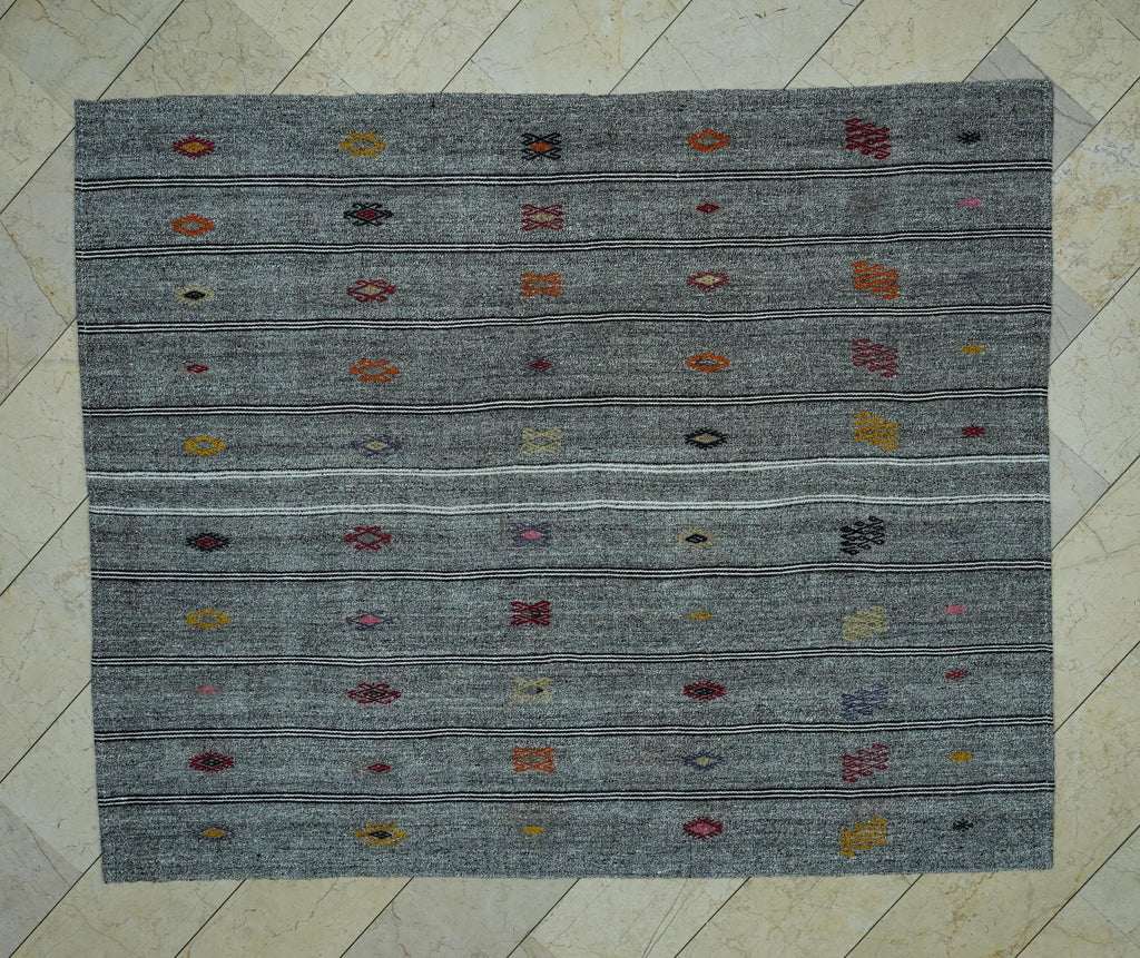 Scandinavian Style Flat Weave Turkish Striped Kilim Rug: 6.3x7.6 Ft,Embroidered Rugs