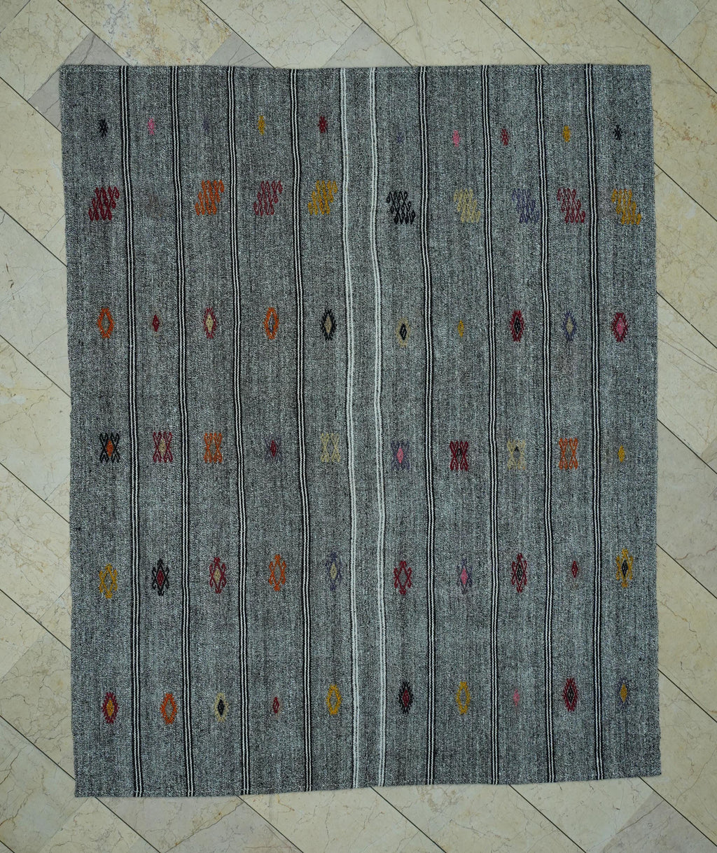 Scandinavian Style Flat Weave Turkish Striped Kilim Rug: 6.3x7.6 Ft,Embroidered Rugs
