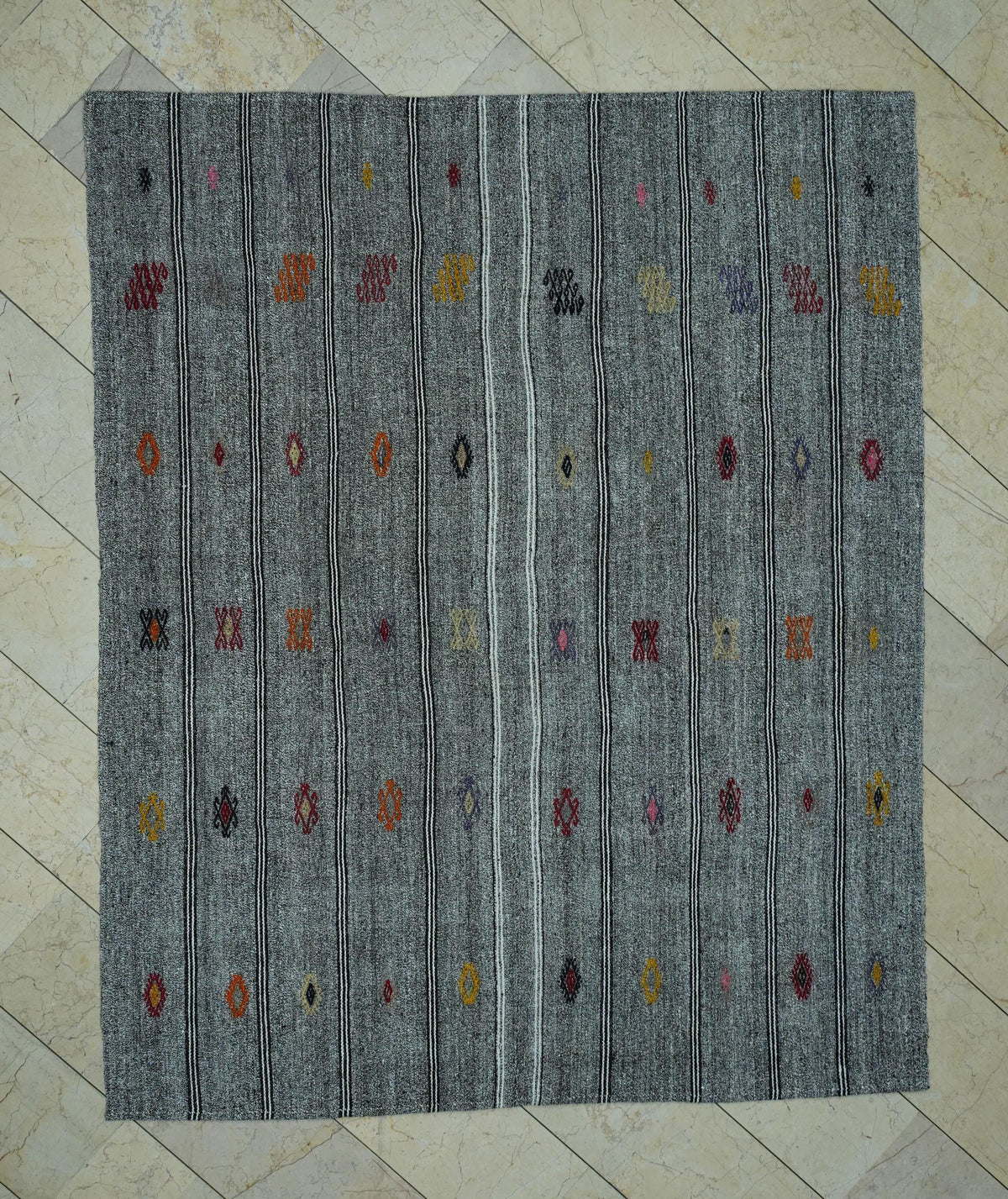 Scandinavian Style Flat Weave Turkish Striped Kilim Rug: 6.3x7.6 Ft,Embroidered Rugs