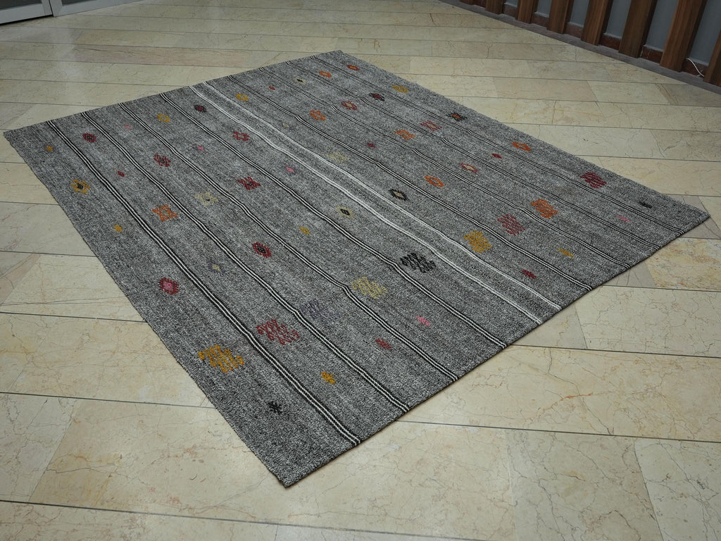 Scandinavian Style Flat Weave Turkish Striped Kilim Rug: 6.3x7.6 Ft,Embroidered Rugs