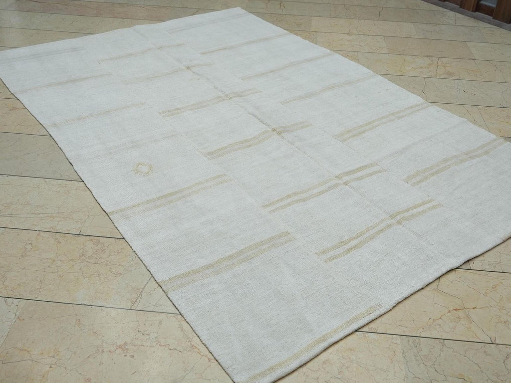 Sweden Home Style Patchwork Hemp Kilim Rug: 5.6 x 8.3 ft, Broken Stripe Rugs.