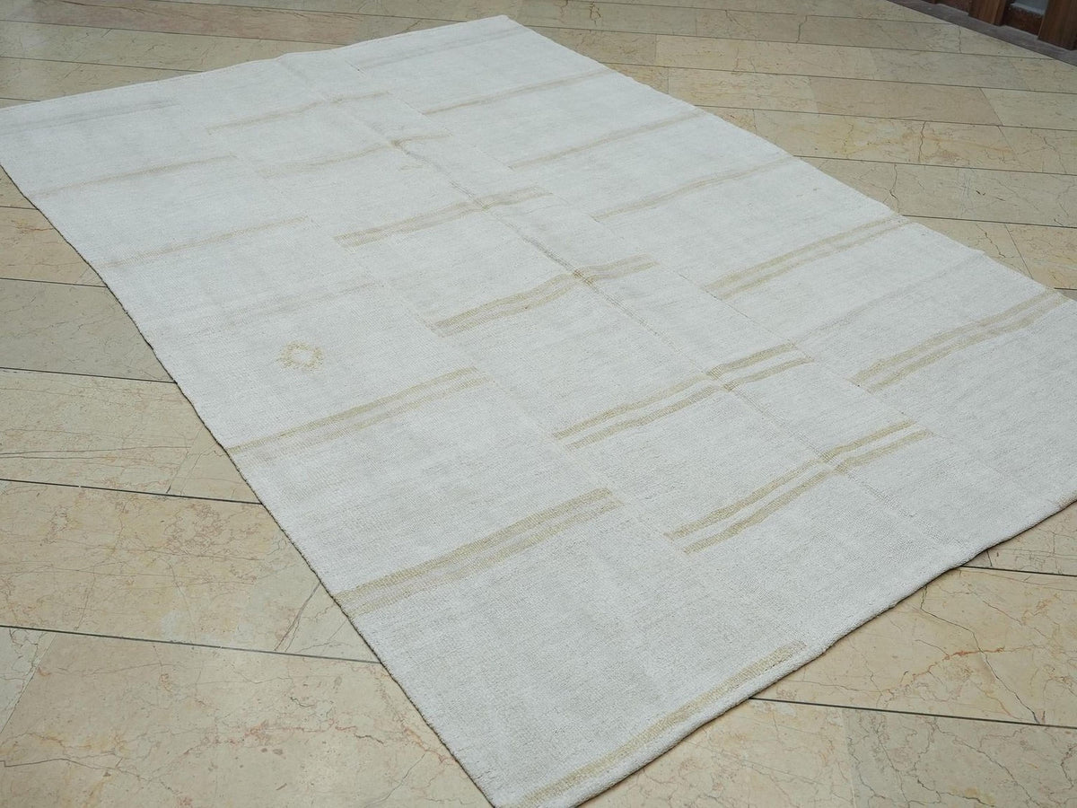 Sweden Home Style Patchwork Hemp Kilim Rug: 5.6 x 8.3 ft, Broken Stripe Rugs.