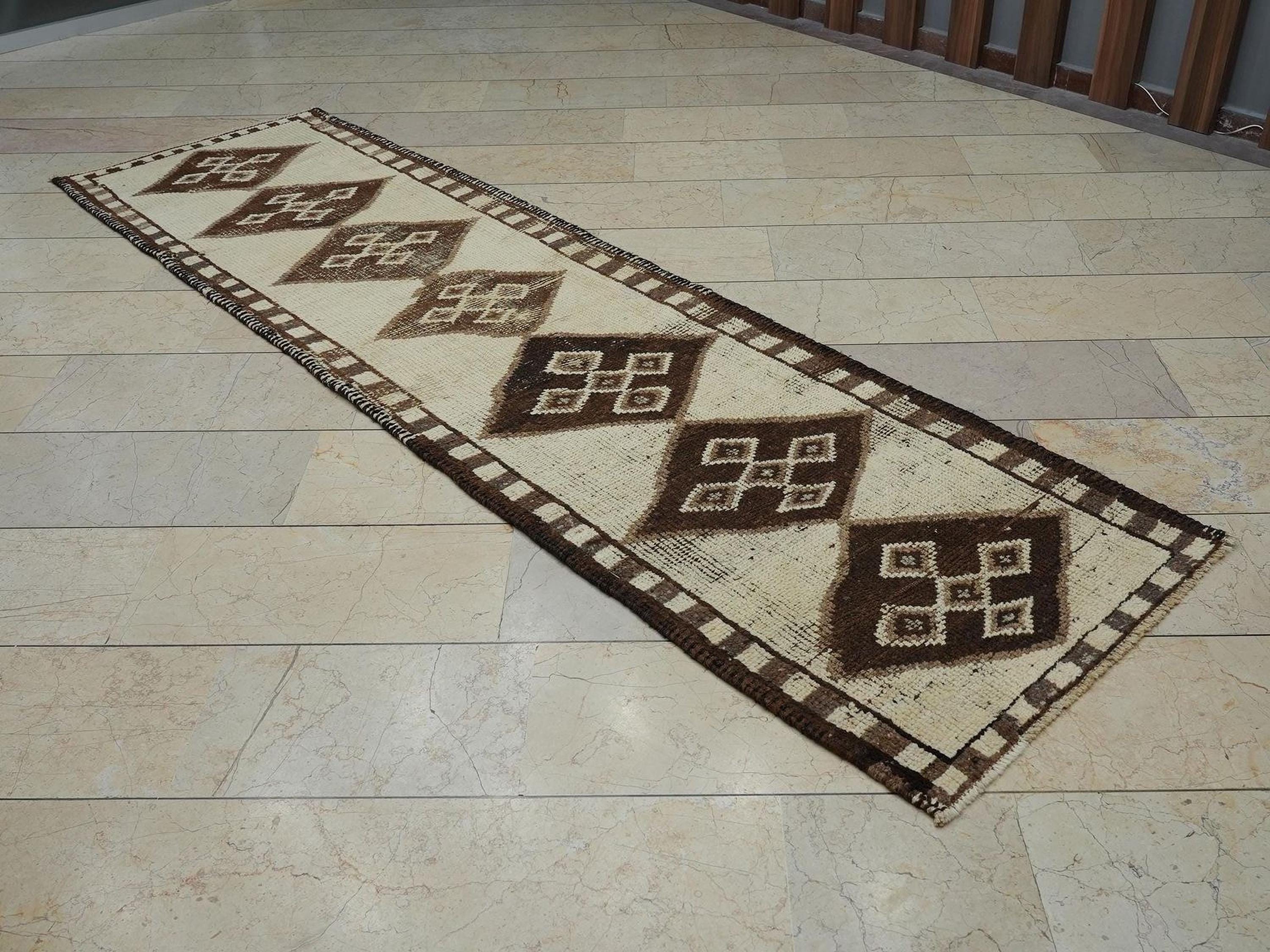 Handmade Turkish Wool Rug Runner: Brown & Cream Home Hallway Decor Rugs 3x10 Feet.