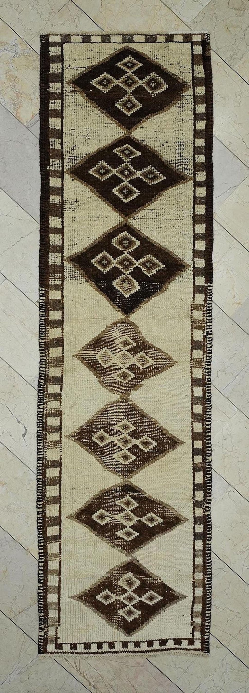 Handmade Turkish Wool Rug Runner: Brown & Cream Home Hallway Decor Rugs 3x10 Feet.