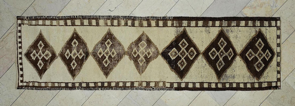 Handmade Turkish Wool Rug Runner: Brown & Cream Home Hallway Decor Rugs 3x10 Feet.