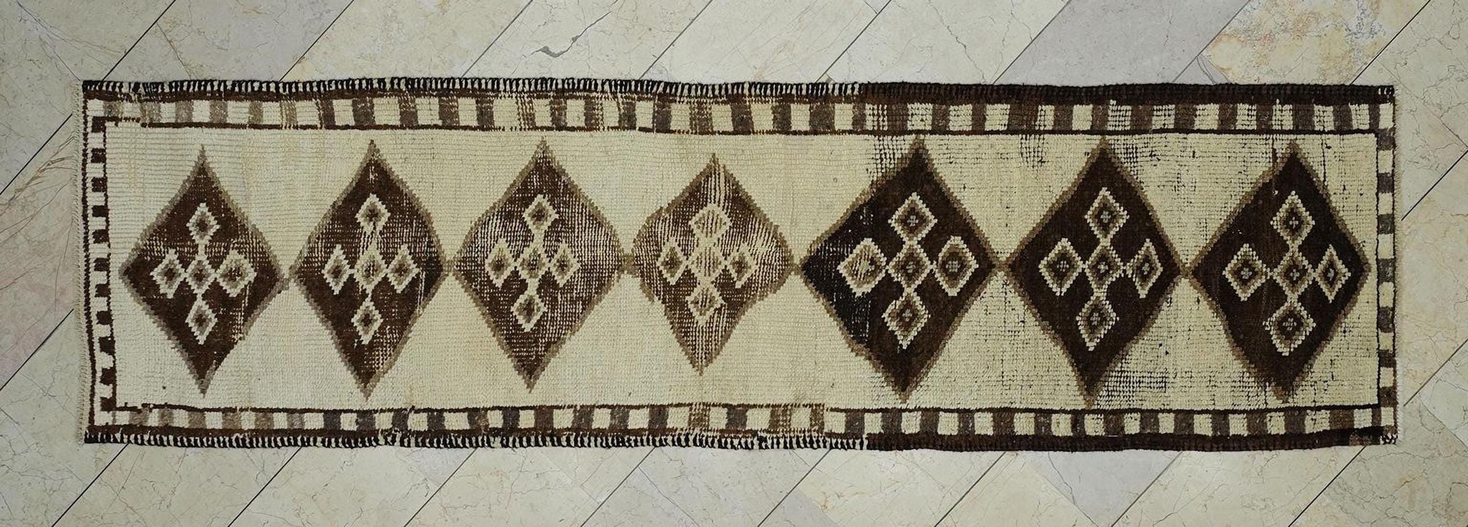 Handmade Turkish Wool Rug Runner: Brown & Cream Home Hallway Decor Rugs 3x10 Feet.