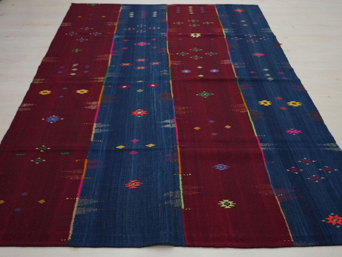 Vintage Turkish Kilim Rug: Red and Blue Flat Weave Rugs 5.7x8 ft.
