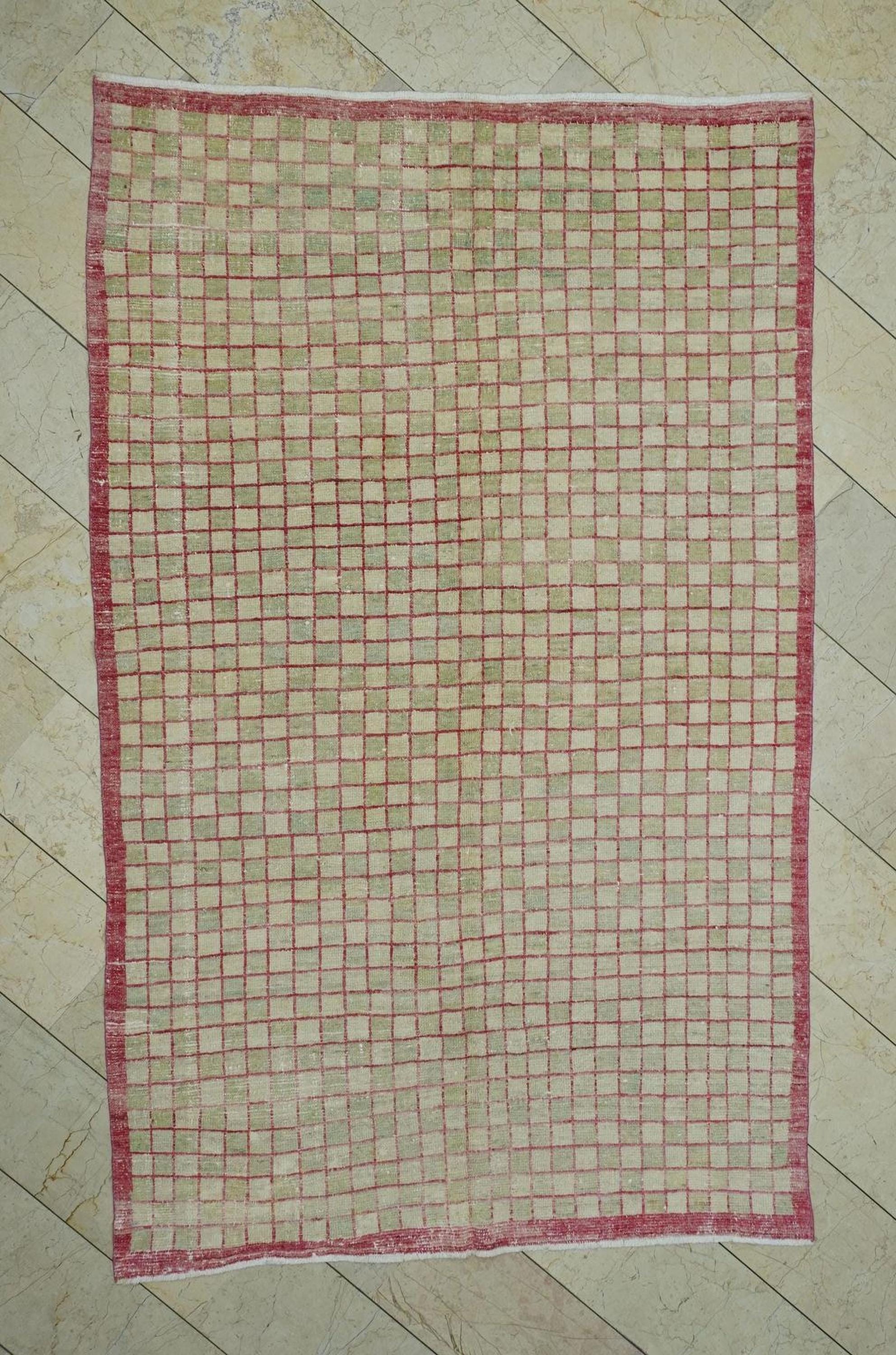 Rare Pattern Vintage Wool Turkish Rug: 5.3x8.5 Ft,Low Pile Old Oushak Rugs.