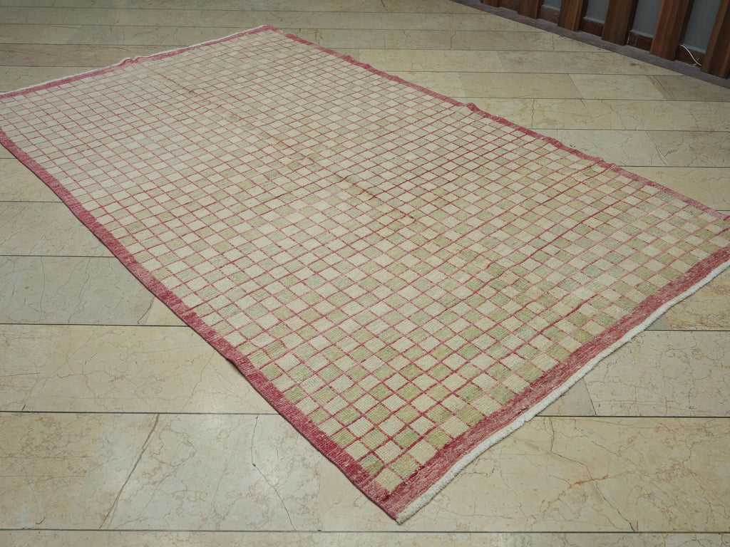 Rare Pattern Vintage Wool Turkish Rug: 5.3x8.5 Ft,Low Pile Old Oushak Rugs.