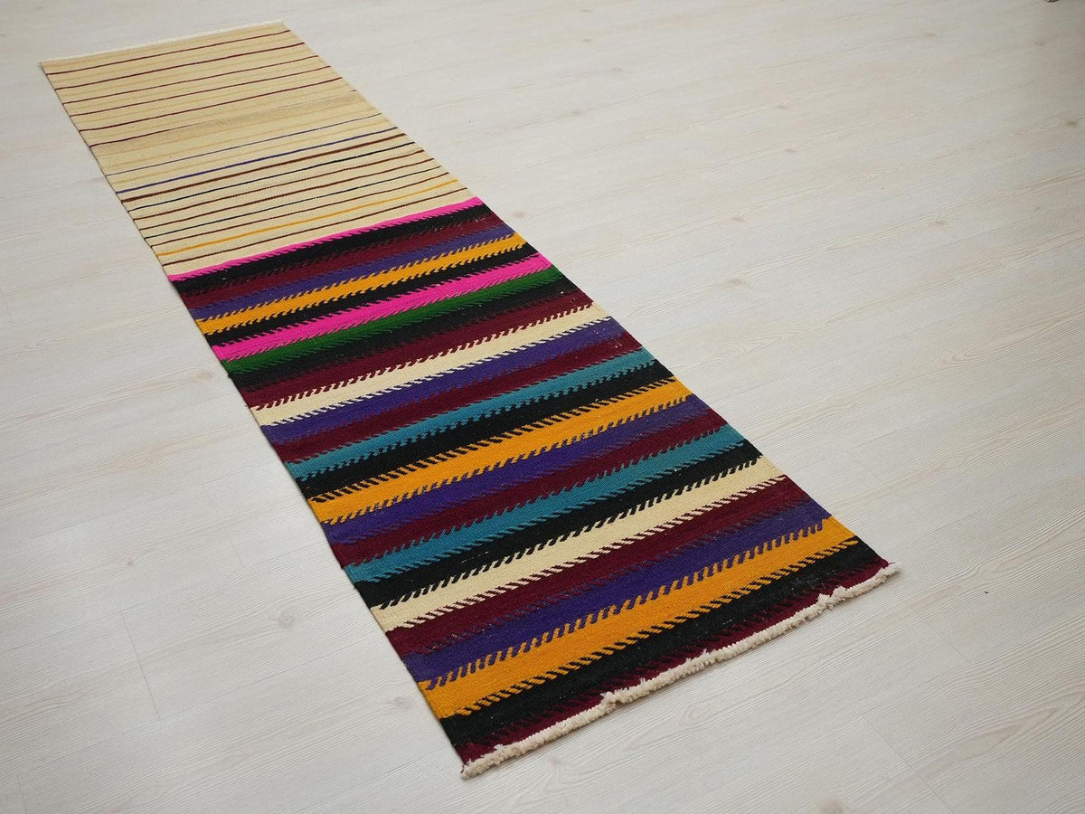 Vintage Turkish Kilim Rug Runner: 2x8 Stripe Wool Flat Weave Rugs.