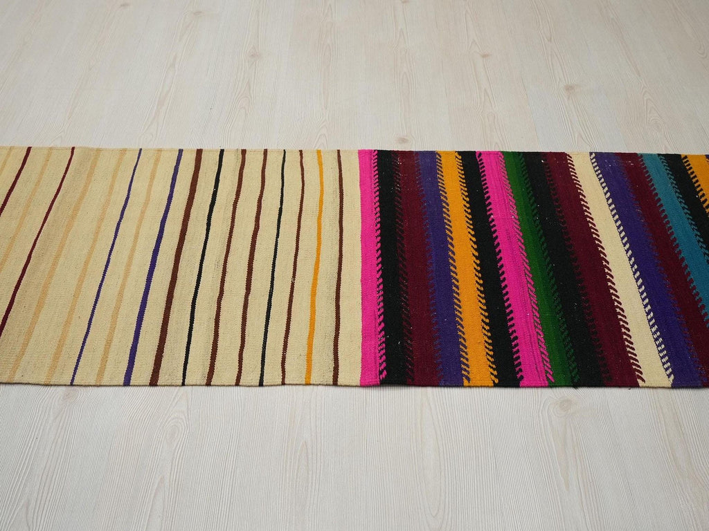Vintage Turkish Kilim Rug Runner: 2x8 Stripe Wool Flat Weave Rugs.
