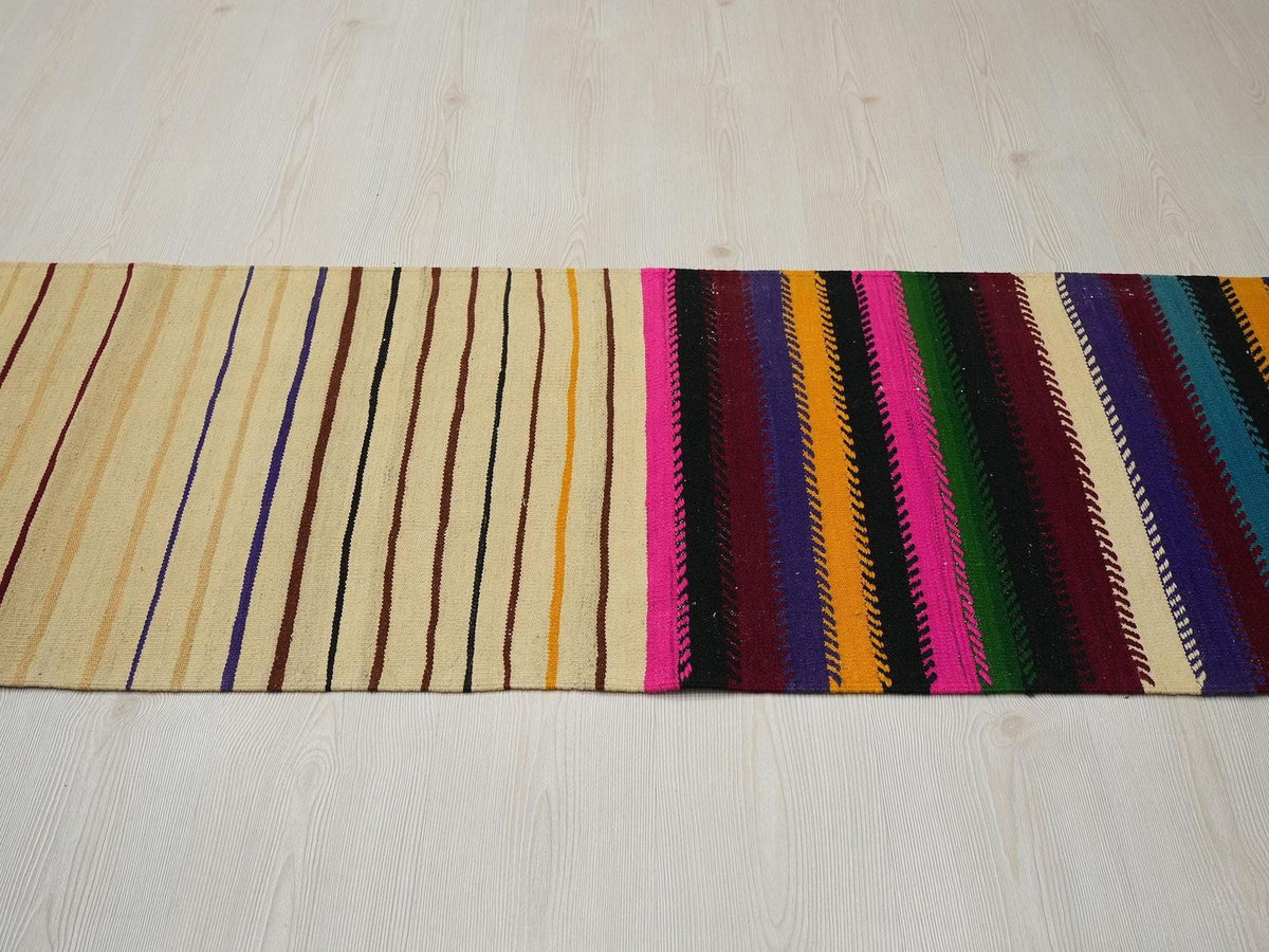 Vintage Turkish Kilim Rug Runner: 2x8 Stripe Wool Flat Weave Rugs.