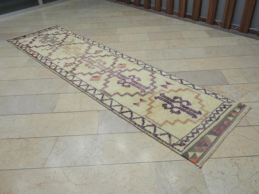 Moroccan Style Handmade Turkish Wool Rug Runner: 3x11 Neutral Color Rugs.