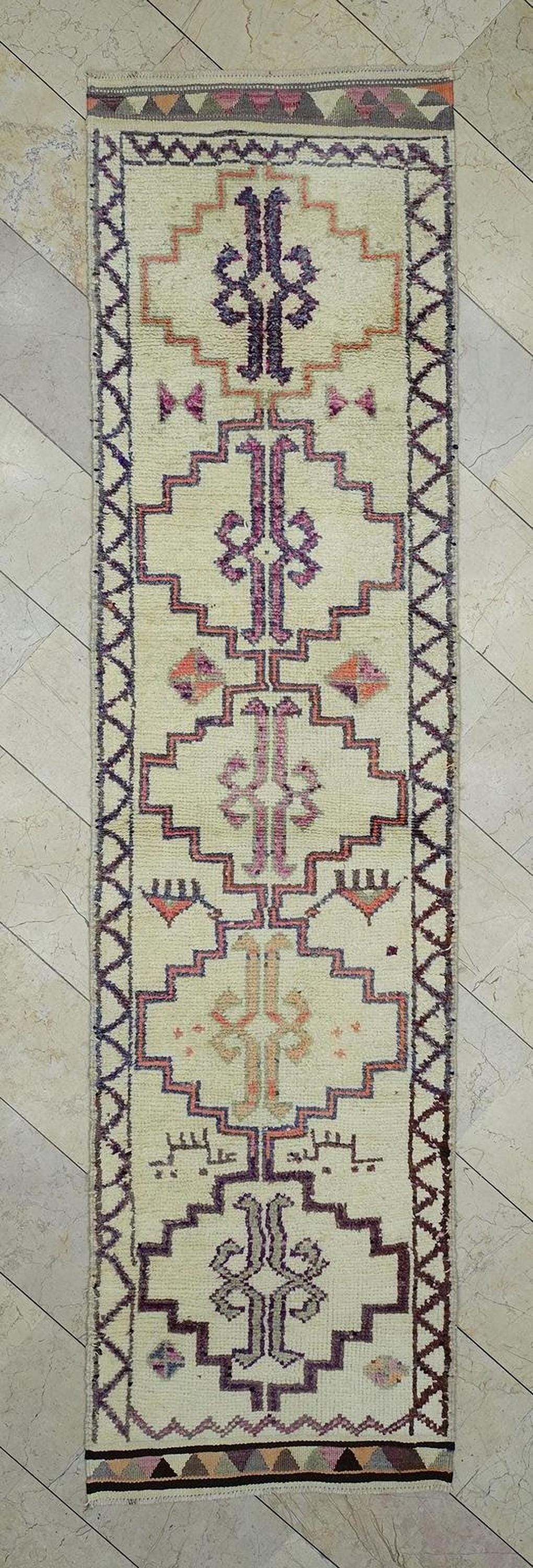 Moroccan Style Handmade Turkish Wool Rug Runner: 3x11 Neutral Color Rugs.