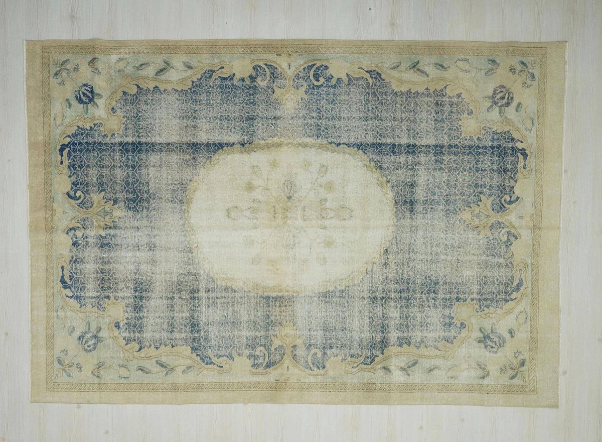 Navy Blue Oushak Rug: Large Vintage Turkish Wool Carpet, 6,6"x9,6" Ft.