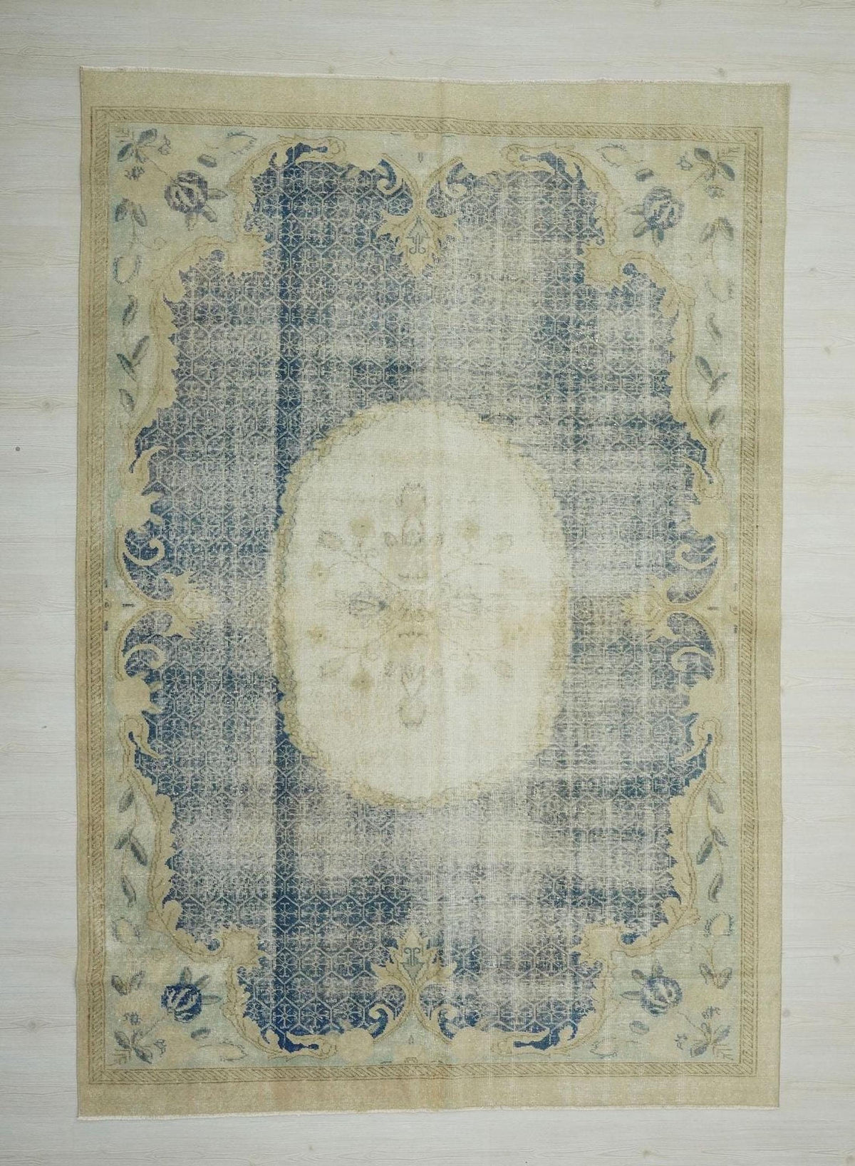 Navy Blue Oushak Rug: Large Vintage Turkish Wool Carpet, 6,6"x9,6" Ft.