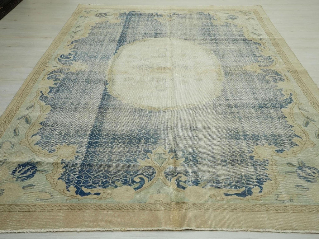 Navy Blue Oushak Rug: Large Vintage Turkish Wool Carpet, 6,6"x9,6" Ft.