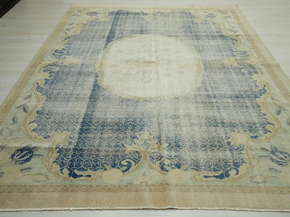 Navy Blue Oushak Rug: Large Vintage Turkish Wool Carpet, 6,6"x9,6" Ft.