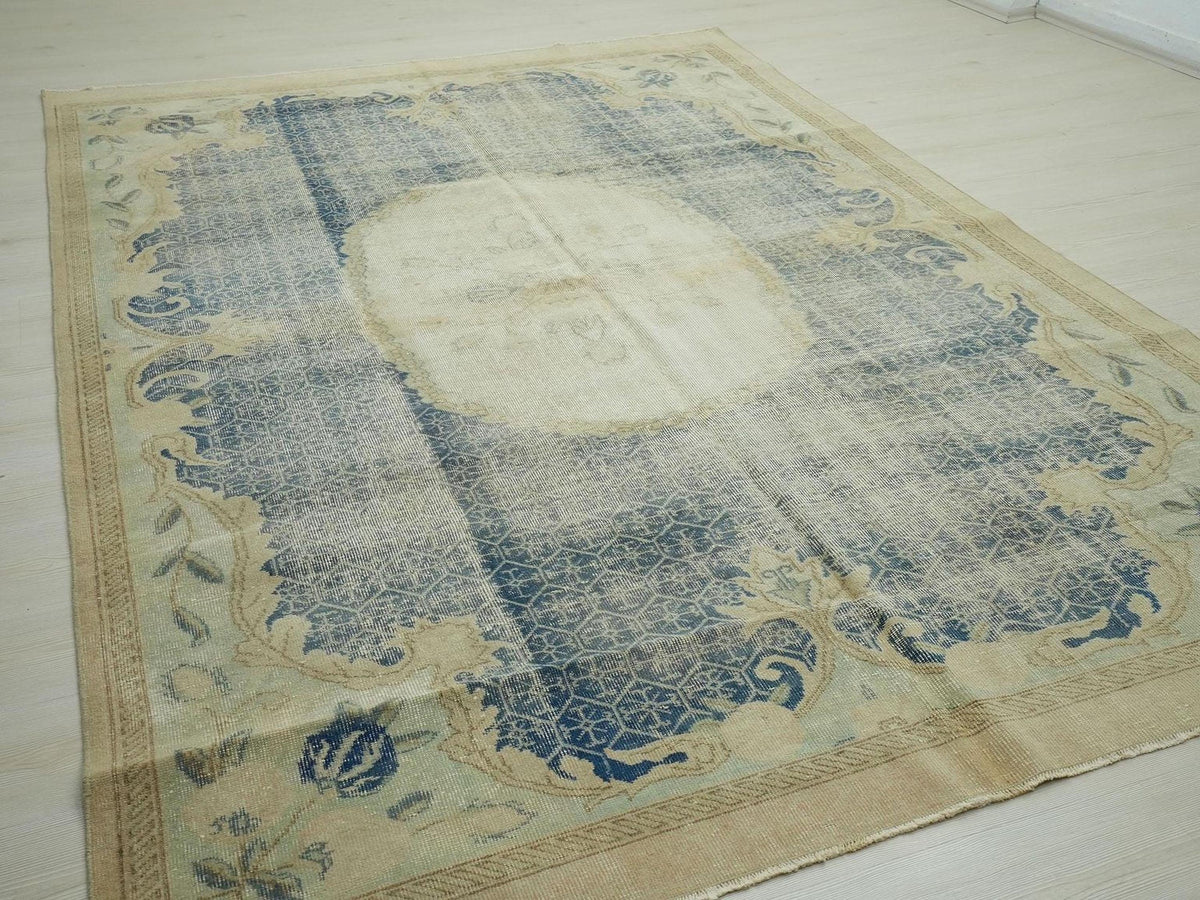 Navy Blue Oushak Rug: Large Vintage Turkish Wool Carpet, 6,6"x9,6" Ft.