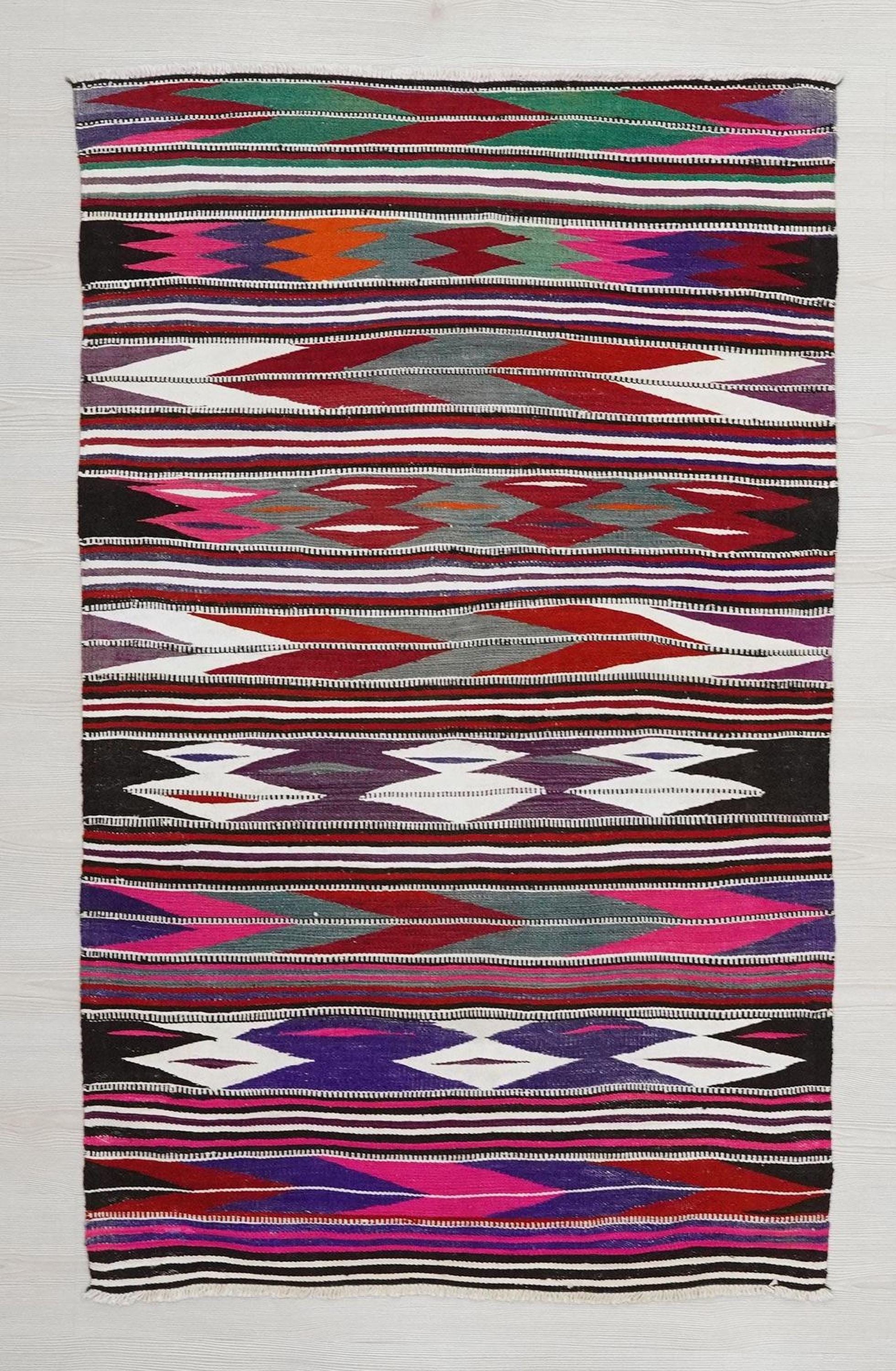 Small Size Pink Stripe Turkish Kilim Rug: Handwoven Home Living Decor Rugs 3.4x5.6 ft.