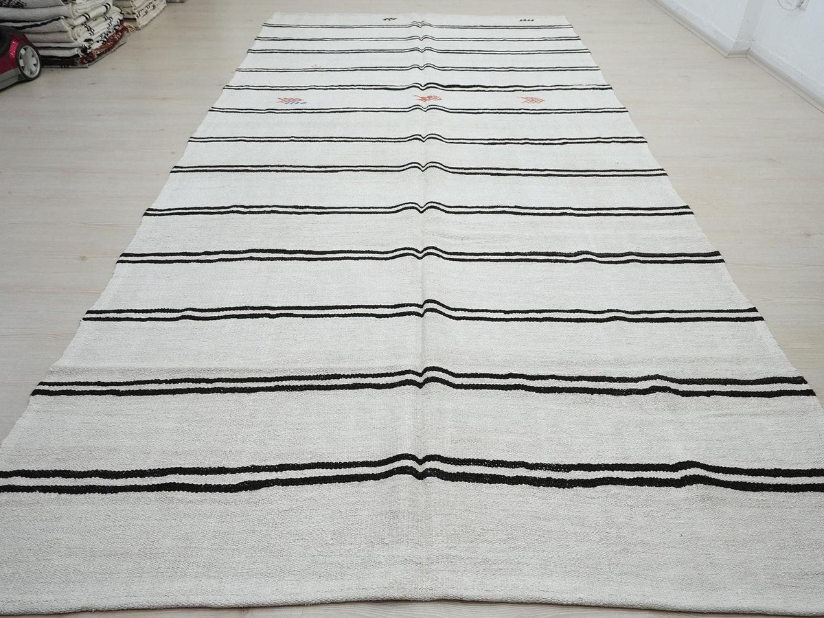 Minimalist Dark Brown Stripe Organic Hemp Kilim Rug: Mid-Century Modern Decor Rugs ,6,6x13,2 Ft