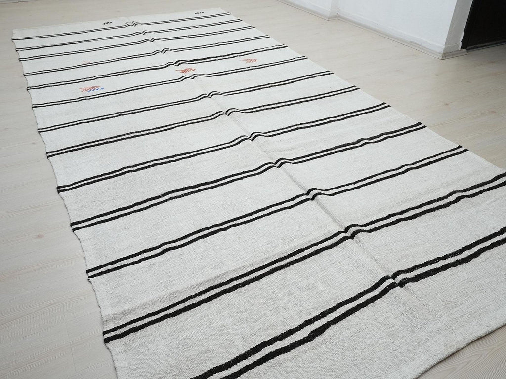 Minimalist Dark Brown Stripe Organic Hemp Kilim Rug: Mid-Century Modern Decor Rugs ,6,6x13,2 Ft