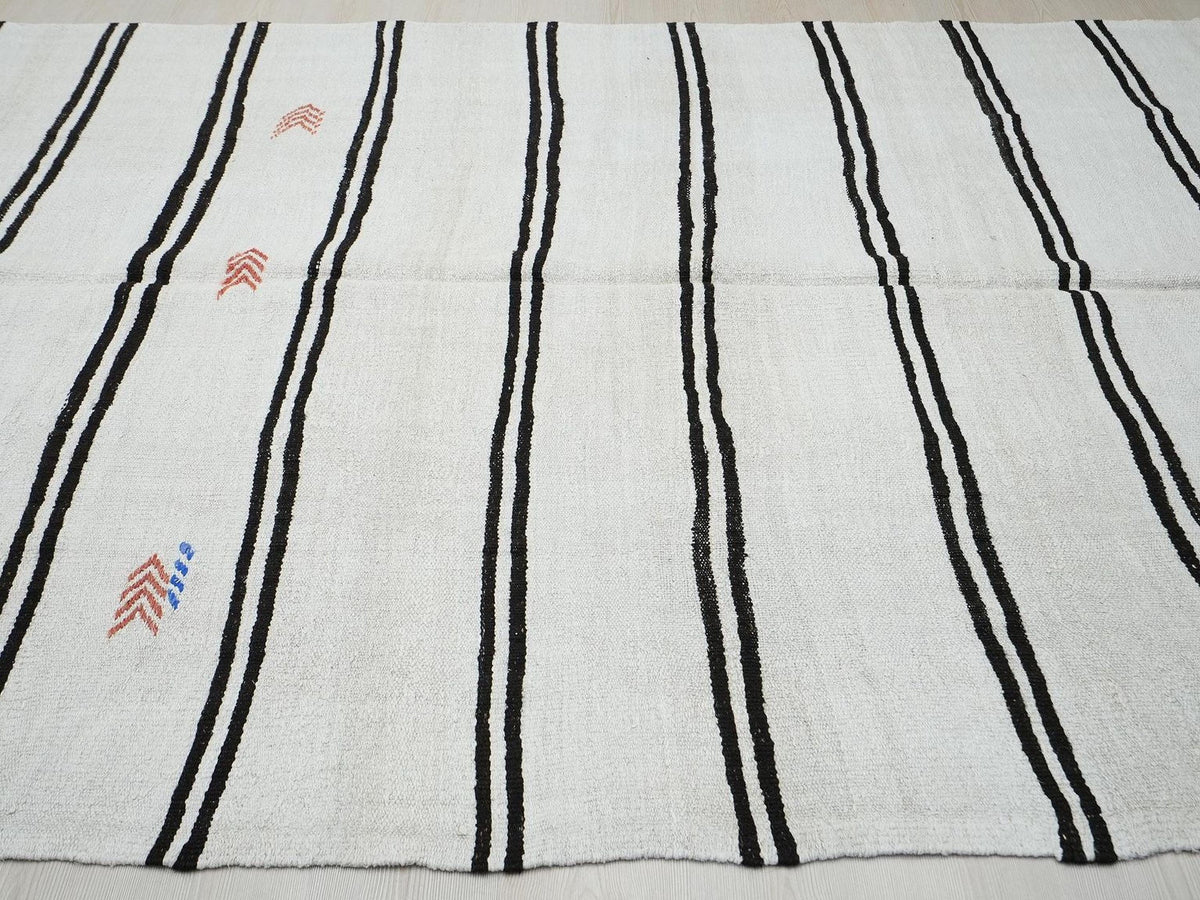Minimalist Dark Brown Stripe Organic Hemp Kilim Rug: Mid-Century Modern Decor Rugs ,6,6x13,2 Ft