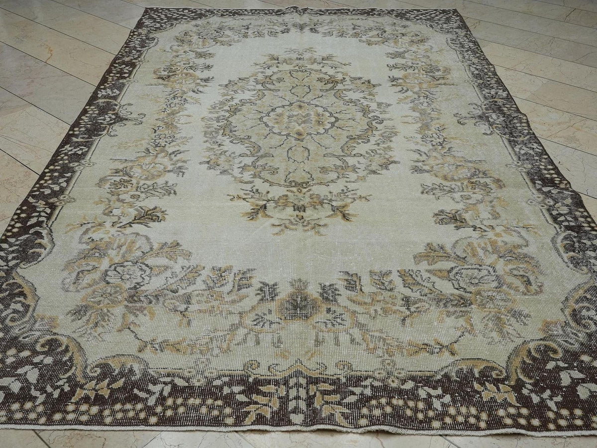 Large Vintage Turkish Carpet Rug: 6.6x10.2 Ft,Mid Century Modern Home Decor Oushak Rugs