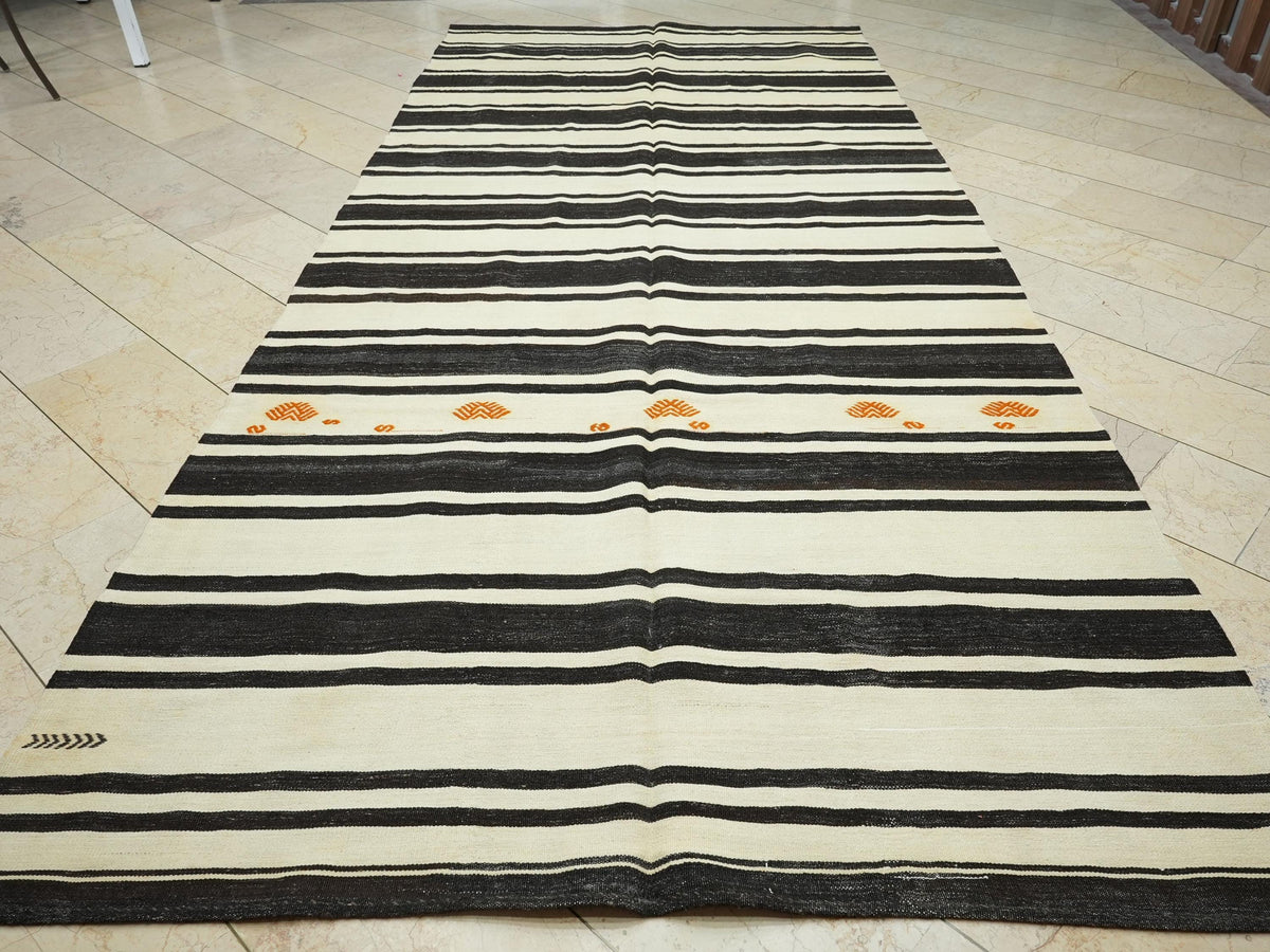 Striped Turkish Kilim Rug: Mid-Century Modern Farmhouse Decor Natural Rugs, 6,1x13,8 Feet.